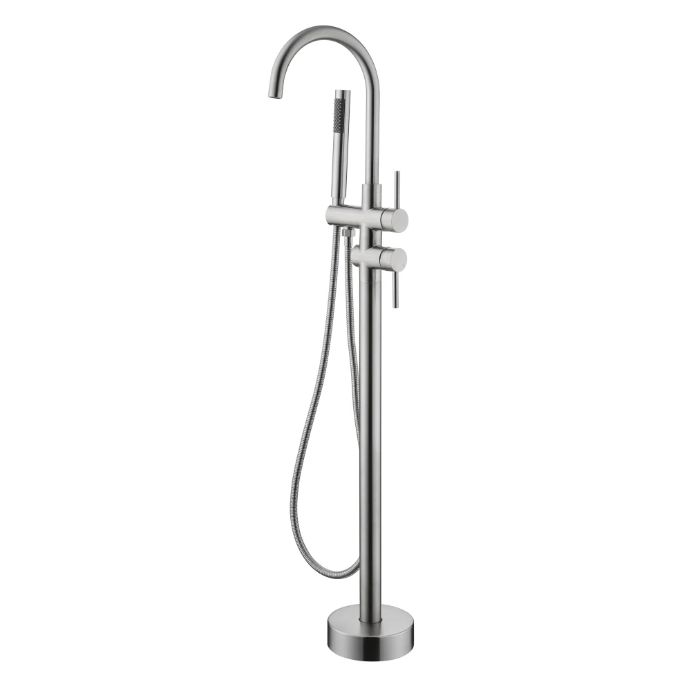 Floor Mounted Tub Faucet High Flow Freestanding Tub Filler Faucet with Handheld Shower Head and Swivel Spout
Floor Mounted Tub Faucet High Flow Freestanding Tub Filler Faucet with Handheld Shower Head and Swivel Spout