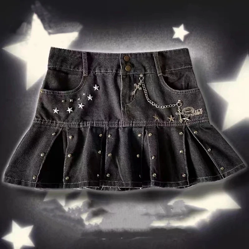 Punk Style Harajuku Denim Pleated Mini Skirt Rivet Chain High Waist Jeans Short Skirt Y2k Fashion Female Casual Skirt Streetwear
Punk Style Harajuku Denim Pleated Mini Skirt Rivet Chain High Waist Jeans Short Skirt Y2k Fashion Female Casual Skirt Streetwear