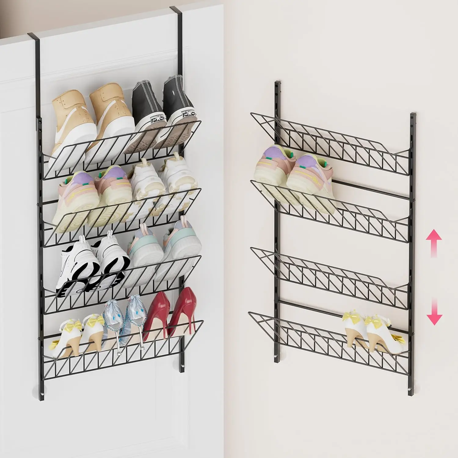 Over the Door Shoe Organizer - Adjustable 4 Tier Hanging Shoe Rack Organizer, Metal Heavy Duty Behind
Over the Door Shoe Organizer - Adjustable 4 Tier Hanging Shoe Rack Organizer, Metal Heavy Duty Behind