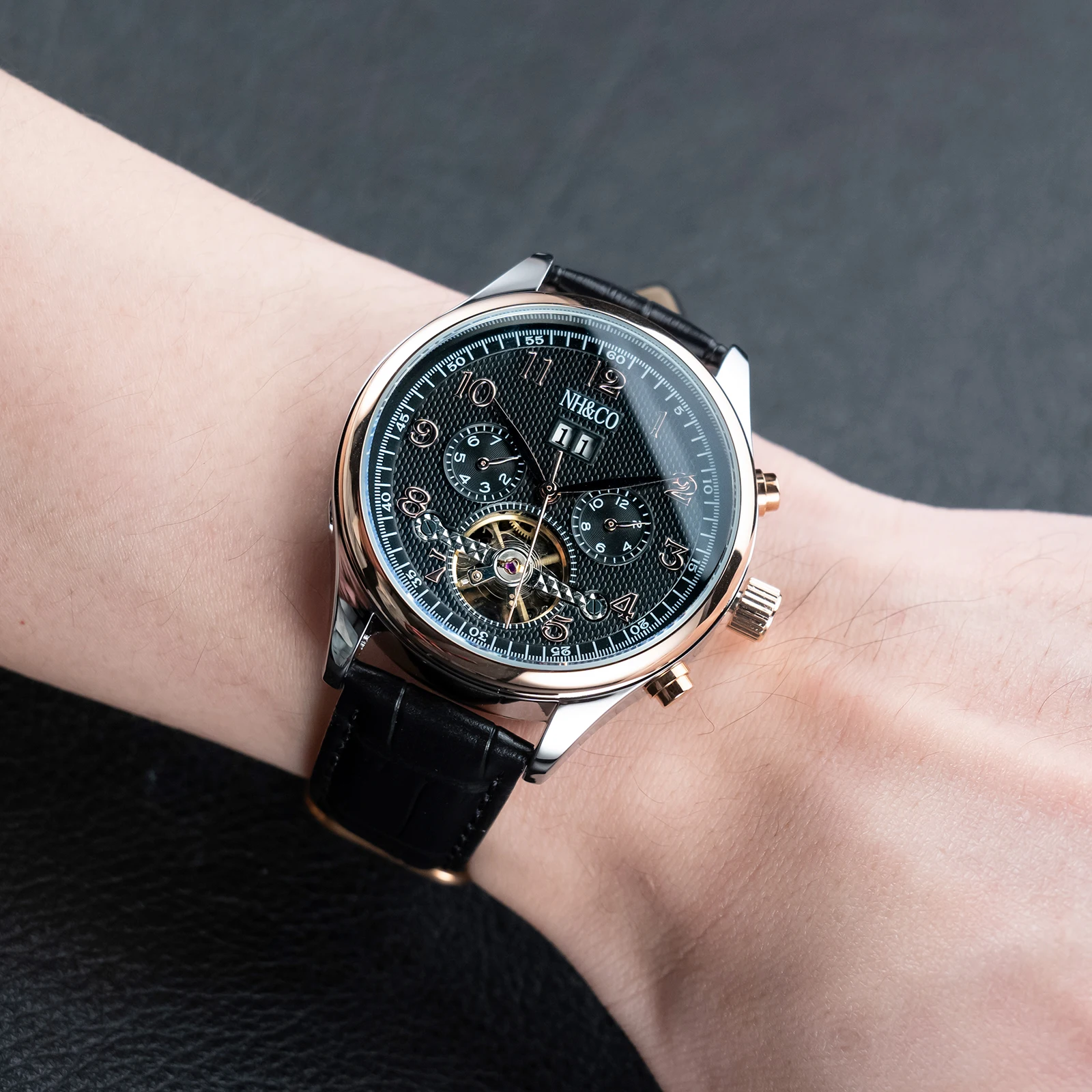 NHCO Mens Multifunctional Automatic Mechanical Watch with Tourbillon Display And Calendar 30m Waterproof Leather Wristwatch
NHCO Mens Multifunctional Automatic Mechanical Watch with Tourbillon Display And Calendar 30m Waterproof Leather Wristwatch