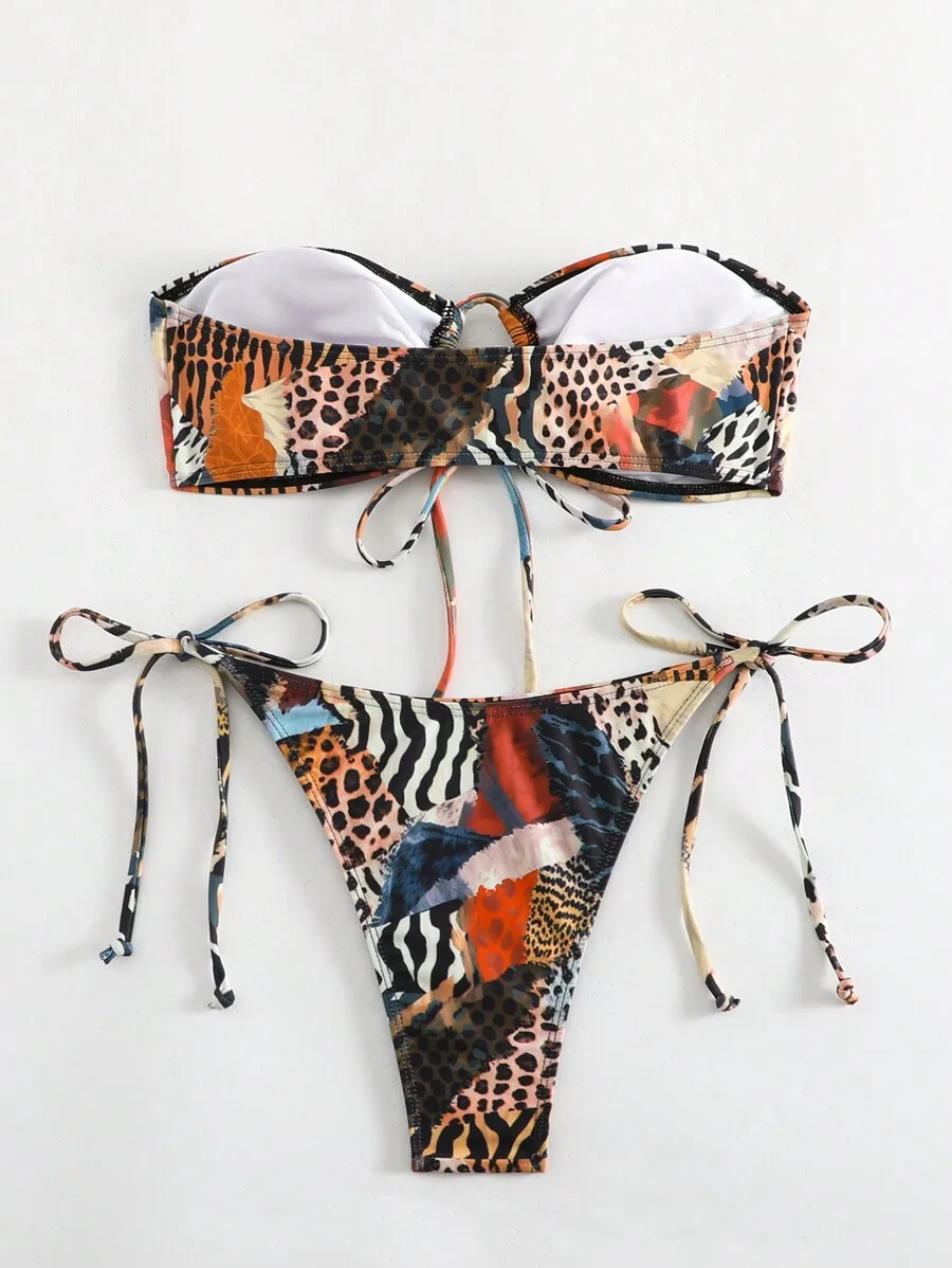 2pcs Set Animal Print Strapless Tie Front Bikini For Women Beach Summer
2pcs Set Animal Print Strapless Tie Front Bikini For Women Beach Summer