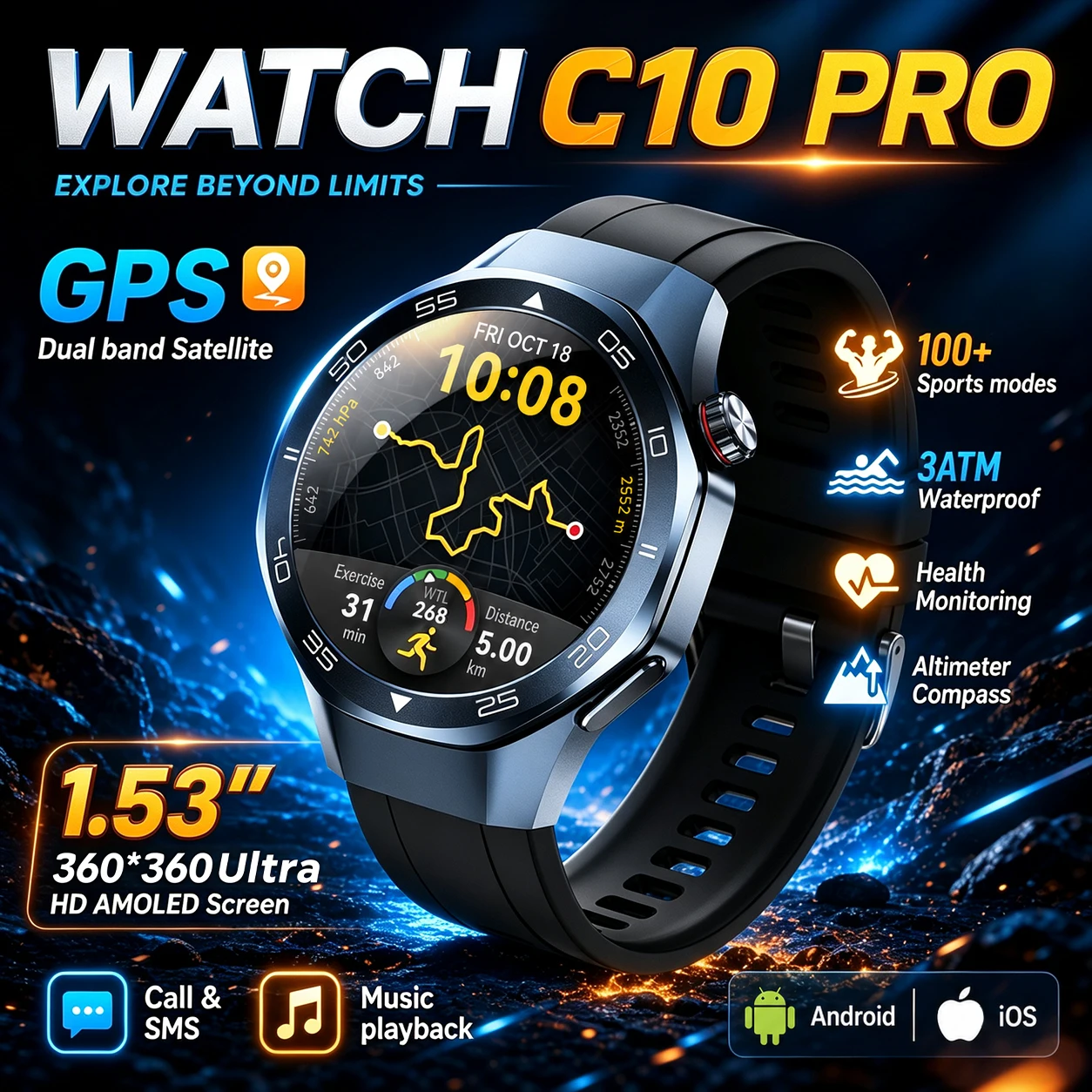 2026 New GPS Outdoors Sports Smart Watch Men 3ATM Waterproof Compass Heart Rate 1.53" HD AMOELD Screen Bluetooth Call Smartwatch
2026 New GPS Outdoors Sports Smart Watch Men 3ATM Waterproof Compass Heart Rate 1.53" HD AMOELD Screen Bluetooth Call Smartwatch