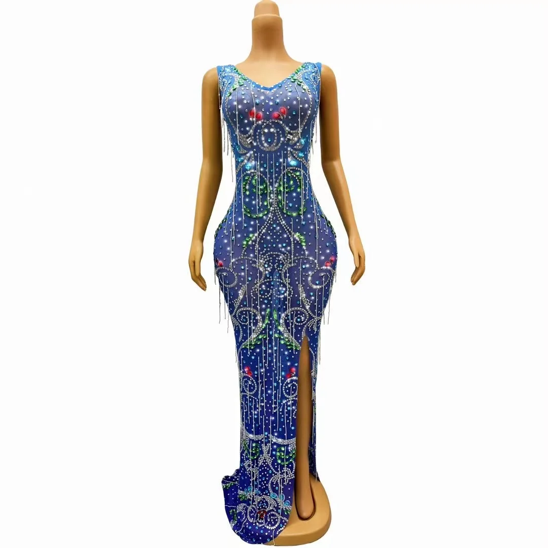 European and American Singer Host Blue Stretch Drill Chain Falling to the Ground Dress Banquet Performance Stage Costume
European and American Singer Host Blue Stretch Drill Chain Falling to the Ground Dress Banquet Performance Stage Costume