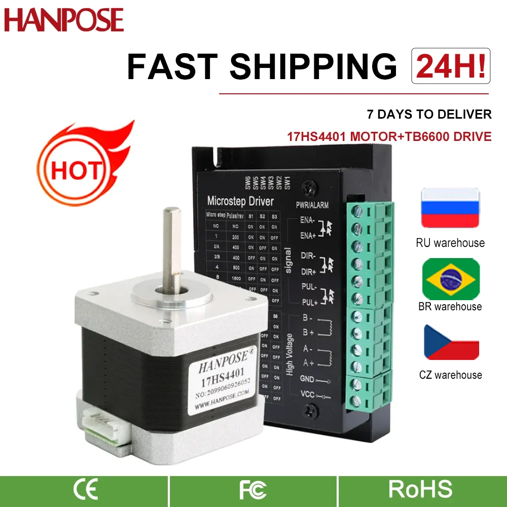 HANPOSE NEMA 17 Stepper Motor 4-lead 40mm 1.8A 40N.CM 17HS4401 motor with TB6600 stepper motor driver for 3D printer
HANPOSE NEMA 17 Stepper Motor 4-lead 40mm 1.8A 40N.CM 17HS4401 motor with TB6600 stepper motor driver for 3D printer