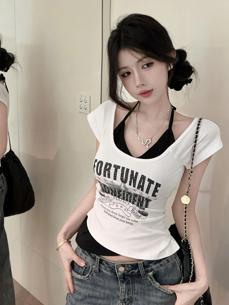 Sexy Short Sleeve T-Shirt Collarbone Hanging Splice Color Block Base Layer Top Pure Cotton Slim Fit Summer Youth Fashion
Sexy Short Sleeve T-Shirt Collarbone Hanging Splice Color Block Base Layer Top Pure Cotton Slim Fit Summer Youth Fashion