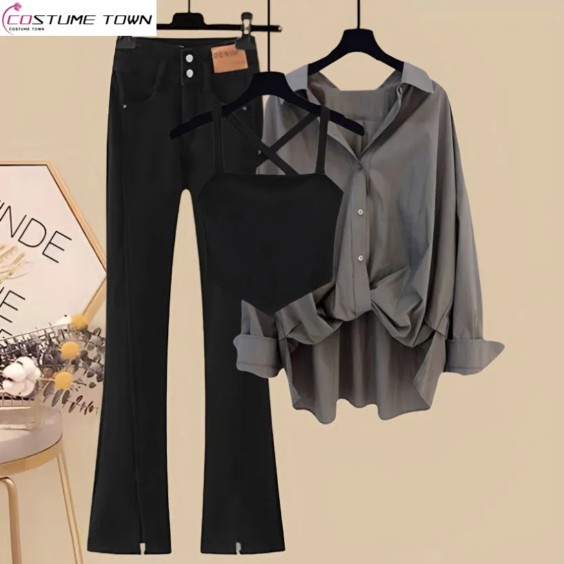 Spring/Summer Set 2023 Korean Version New Large Women's Versatile Slim Shirt Slim Slim Fit Jeans Three Piece Set Fashion
Spring/Summer Set 2023 Korean Version New Large Women's Versatile Slim Shirt Slim Slim Fit Jeans Three Piece Set Fashion