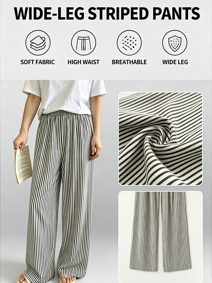 A pair of high waist striped wide-leg pants, home casual pants, soft and comfortable, light and soft, suitable for many occasion
A pair of high waist striped wide-leg pants, home casual pants, soft and comfortable, light and soft, suitable for many occasion