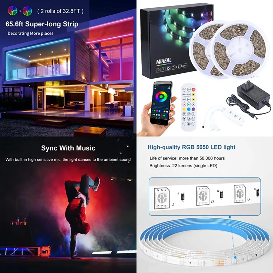 Led Strip Lights Bluetooth - 65.6Ft RGB 5050 Led Music Sync Color Changing Lights, App Controlled - for Bedroom, Party, Kitchen
Led Strip Lights Bluetooth - 65.6Ft RGB 5050 Led Music Sync Color Changing Lights, App Controlled - for Bedroom, Party, Kitchen