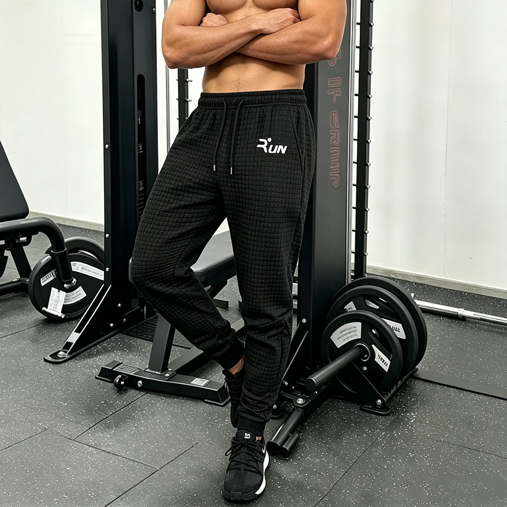 Men’s Black Waffle Grid Running Gym Pants Elastic Drawstring Waist Outdoor Casual RUN lettering Print Sports Workout Trousers
Men’s Black Waffle Grid Running Gym Pants Elastic Drawstring Waist Outdoor Casual RUN lettering Print Sports Workout Trousers