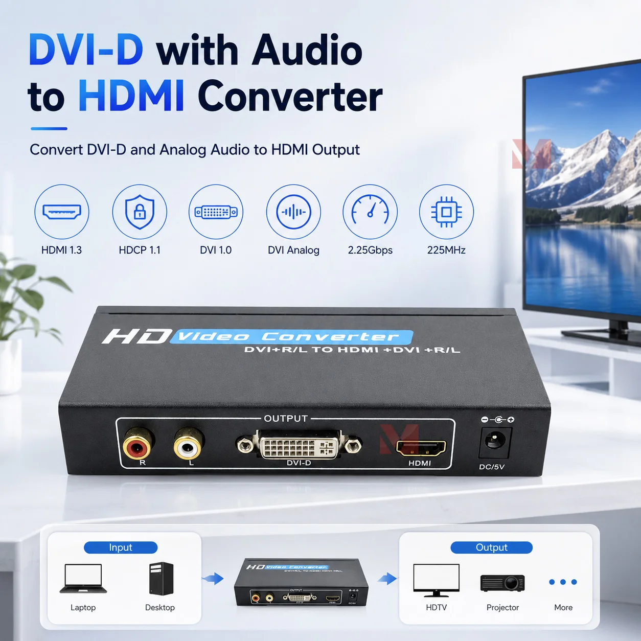 DVI-D to HDMI Converter with Audio Support HDMI 1.3 HDCP 1.1 Compliant 1080p for TV Computer Monitor
DVI-D to HDMI Converter with Audio Support HDMI 1.3 HDCP 1.1 Compliant 1080p for TV Computer Monitor
