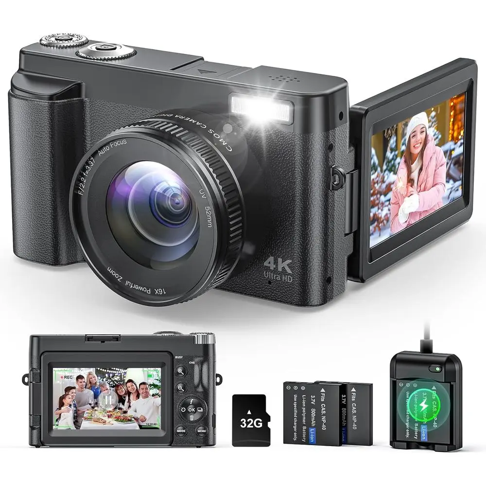 4K Auto 48MP Vlogging Camera for Beginners with 3 180° Flip Screen, 16X Zoom, 32GB Card, Black
4K Auto 48MP Vlogging Camera for Beginners with 3 180° Flip Screen, 16X Zoom, 32GB Card, Black