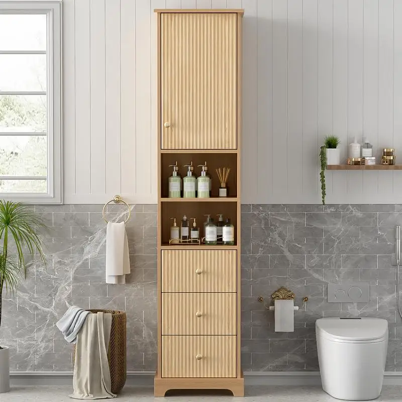 67.7" Tall Freestanding Bathroom Cabinet, Traditional American Style, 1 Door with Adjustable Shelf, 3 Drawers, Open Storage,
67.7" Tall Freestanding Bathroom Cabinet, Traditional American Style, 1 Door with Adjustable Shelf, 3 Drawers, Open Storage,