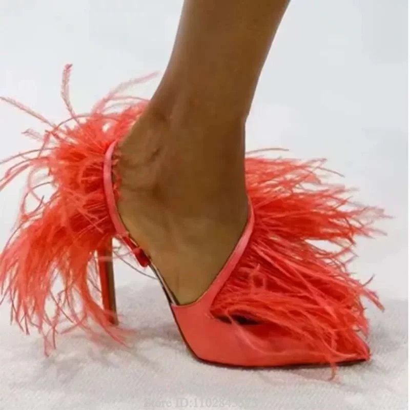 Colorful Fur High Heels Sandals Pointed Toe Satin Sexy Feather Runway Luxury Designer Summer Women New in Party Shoes
Colorful Fur High Heels Sandals Pointed Toe Satin Sexy Feather Runway Luxury Designer Summer Women New in Party Shoes
