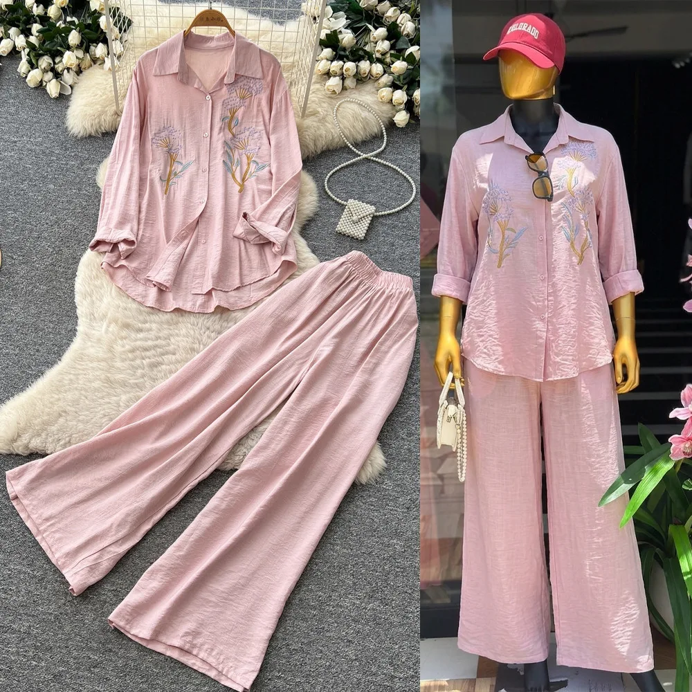 Pant Set Women Two Piece Sets Turn Down Collar Full Sleeve Shirt Wide Leg Long Pants Elastic Waist Y2k Streetwear Elegant Summer
Pant Set Women Two Piece Sets Turn Down Collar Full Sleeve Shirt Wide Leg Long Pants Elastic Waist Y2k Streetwear Elegant Summer