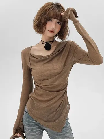 Vintage Irregular Women T Shirt Streetwear Pleated Patchwork Hottie Slim Fit Tees Flare Long Sleeve Slash Neck Y2K Bottoming Top