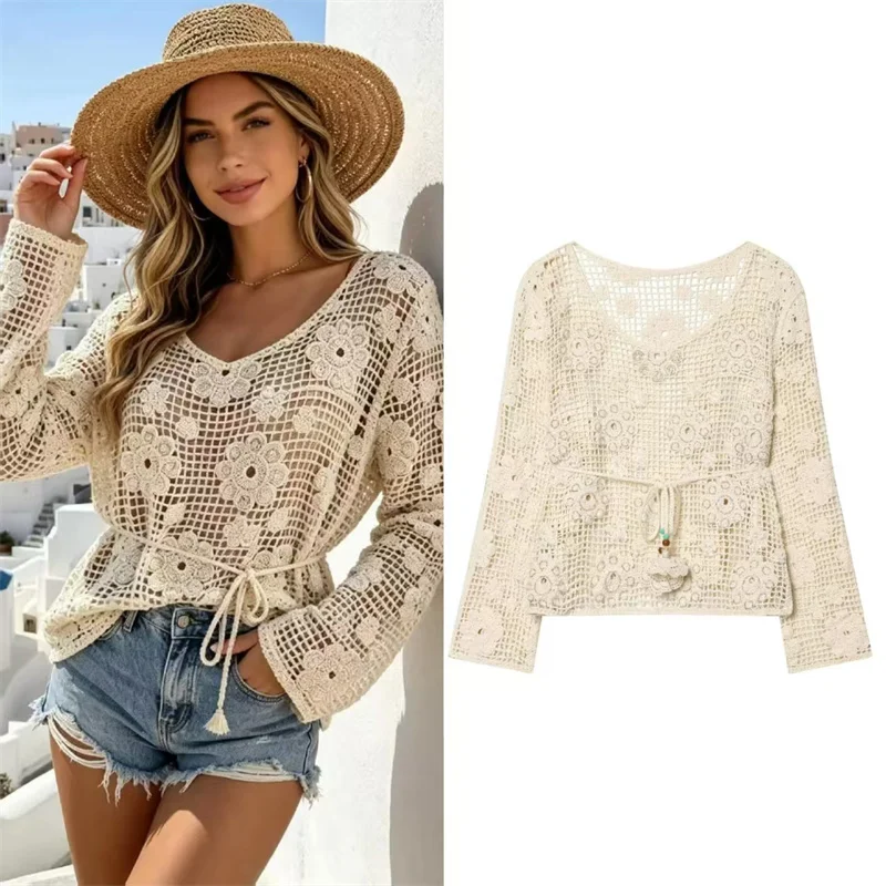 Women's Top 2026 Summer New Style White Long-Sleeve Crochet Hollow Out with Waist Belt Decor Sexy Top Fashionable and Trendy
Women's Top 2026 Summer New Style White Long-Sleeve Crochet Hollow Out with Waist Belt Decor Sexy Top Fashionable and Trendy