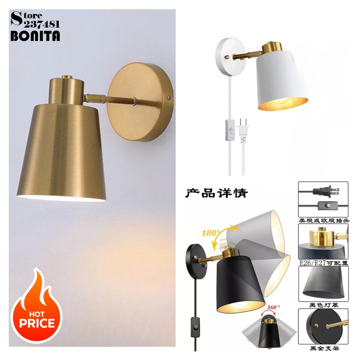 Vintage Industrial Wall Sconce - Angle Adjustable Light for Bedroom, Corridor - Retro Bronze Base Plug-in Lamp ( Black / White )
Vintage Industrial Wall Sconce - Angle Adjustable Light for Bedroom, Corridor - Retro Bronze Base Plug-in Lamp ( Black / White )
