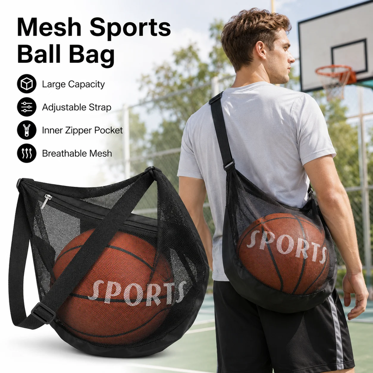 Sports Ball Bag Mesh Shoulder Carry Bag for Basketball Soccer Volleyball Polyester Large Capacity with Inner Zipper Pocket Sport
Sports Ball Bag Mesh Shoulder Carry Bag for Basketball Soccer Volleyball Polyester Large Capacity with Inner Zipper Pocket Sport