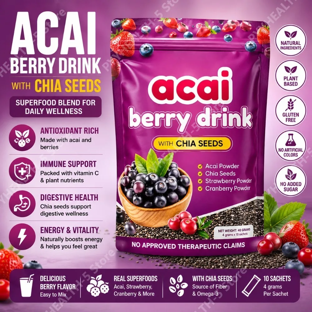 Acai Berry Drink Powder with Chia Seeds, Beverage Mix for Smoothies Yogurt & Daily Nutrition Wellness, 10 Sachets
Acai Berry Drink Powder with Chia Seeds, Beverage Mix for Smoothies Yogurt & Daily Nutrition Wellness, 10 Sachets