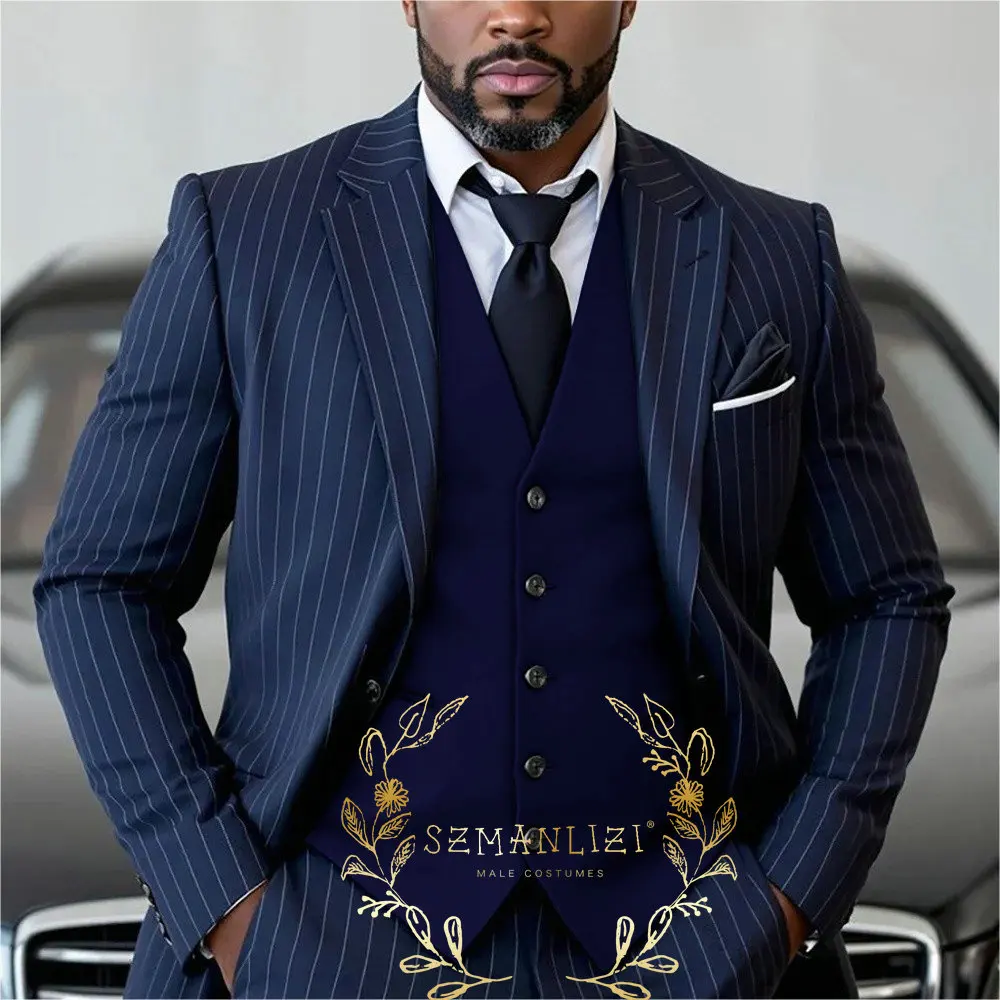 Navy Blue Striped Men Suits Notched Lapel Groom Wedding Tuxedos 3 Pieces Sets Business Male Party Blazers Prom Costume Homme
Navy Blue Striped Men Suits Notched Lapel Groom Wedding Tuxedos 3 Pieces Sets Business Male Party Blazers Prom Costume Homme