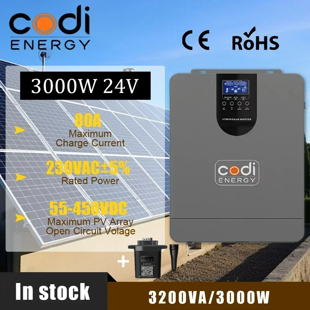 New Codi MPPT 3KW solar inverter 24V 220V pure sine wave off-grid 3200VA 3000W and 80A charging controller maximum PV 450VDC
New Codi MPPT 3KW solar inverter 24V 220V pure sine wave off-grid 3200VA 3000W and 80A charging controller maximum PV 450VDC