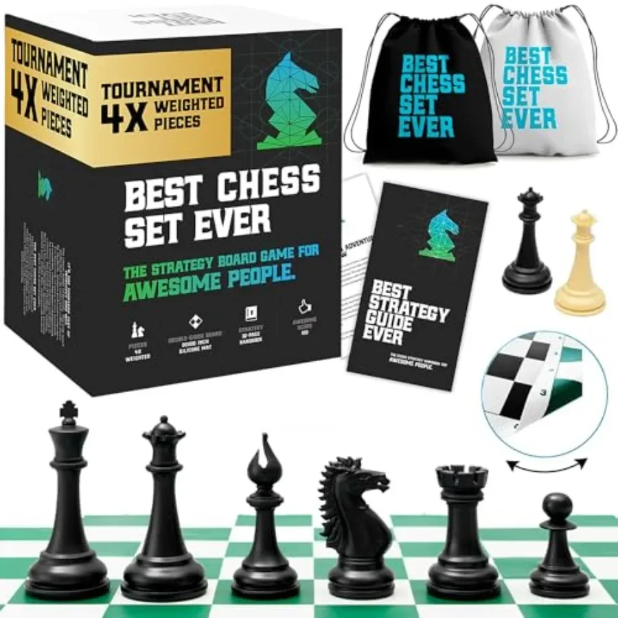 Tournament chess set for adults kids: weighted Staunton pieces, 20x20 double-sided silicone board, strategy guide, storage bags
Tournament chess set for adults kids: weighted Staunton pieces, 20x20 double-sided silicone board, strategy guide, storage bags