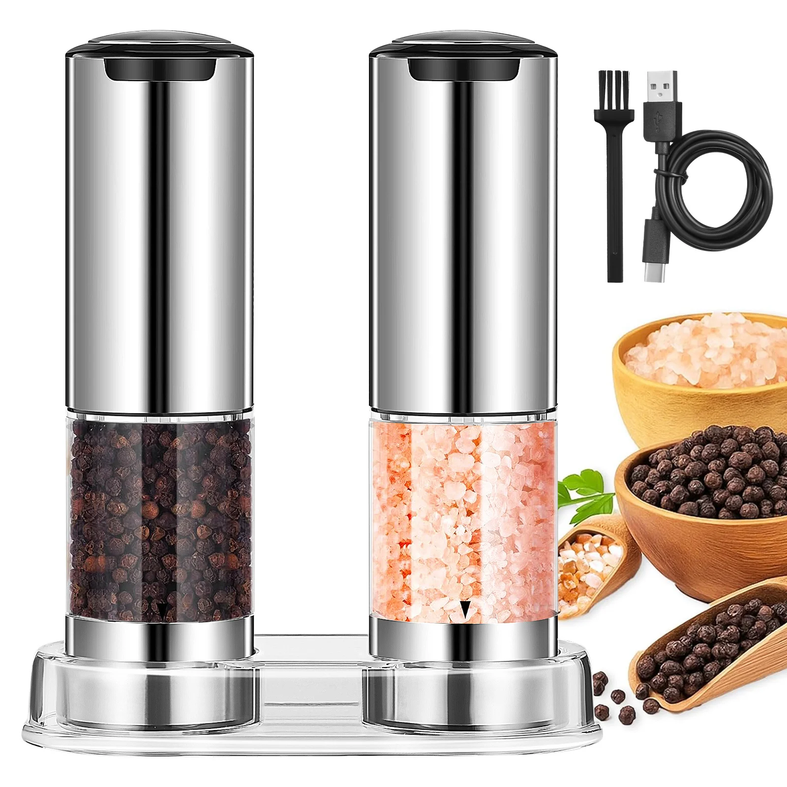 2Pcs Electric Pepper Grinder Stainless Steel Adjustable Ceramic Visibility Auto Salt and Pepper Shakers 95ml
2Pcs Electric Pepper Grinder Stainless Steel Adjustable Ceramic Visibility Auto Salt and Pepper Shakers 95ml