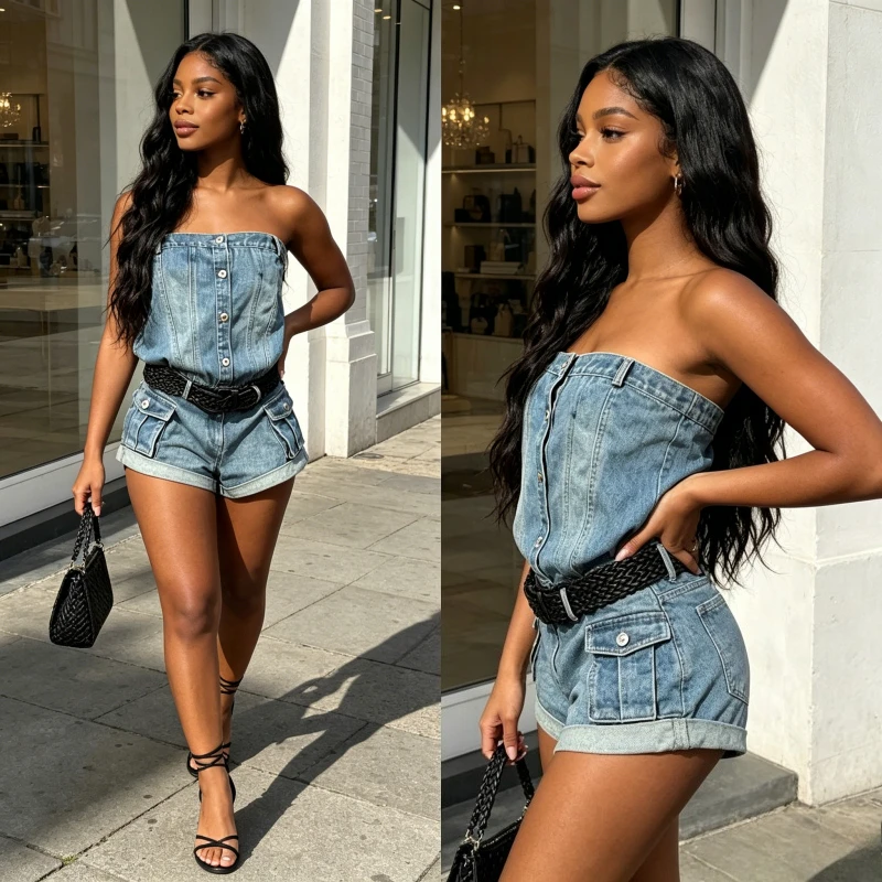 Women Denim One Piece Jumpsuits Strapless Sleeveless Cuffed Short Pants Single Breasted High Waist Rompers Y2k Beach 2026 Summer
Women Denim One Piece Jumpsuits Strapless Sleeveless Cuffed Short Pants Single Breasted High Waist Rompers Y2k Beach 2026 Summer