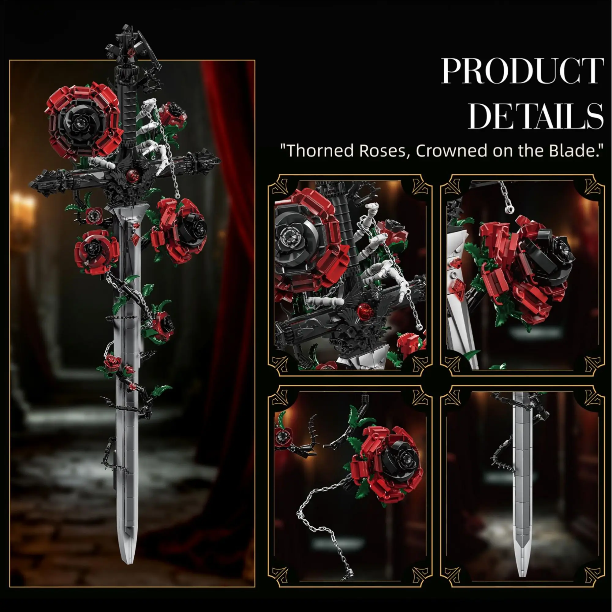 1141pcs Black Thorn Sword Building Blocks Desktop Ornament Creative Dark Rose Sword Model Bricks Toys for Adults Halloween Gifts
1141pcs Black Thorn Sword Building Blocks Desktop Ornament Creative Dark Rose Sword Model Bricks Toys for Adults Halloween Gifts