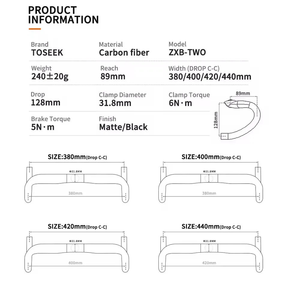 TOSEEK ZXB-TWO Full Carbon Fiber Handlebar 31.8mm Road Bicycle Bent Bar Road Bike Handlebar 380/400/420/440mm External Routing
TOSEEK ZXB-TWO Full Carbon Fiber Handlebar 31.8mm Road Bicycle Bent Bar Road Bike Handlebar 380/400/420/440mm External Routing