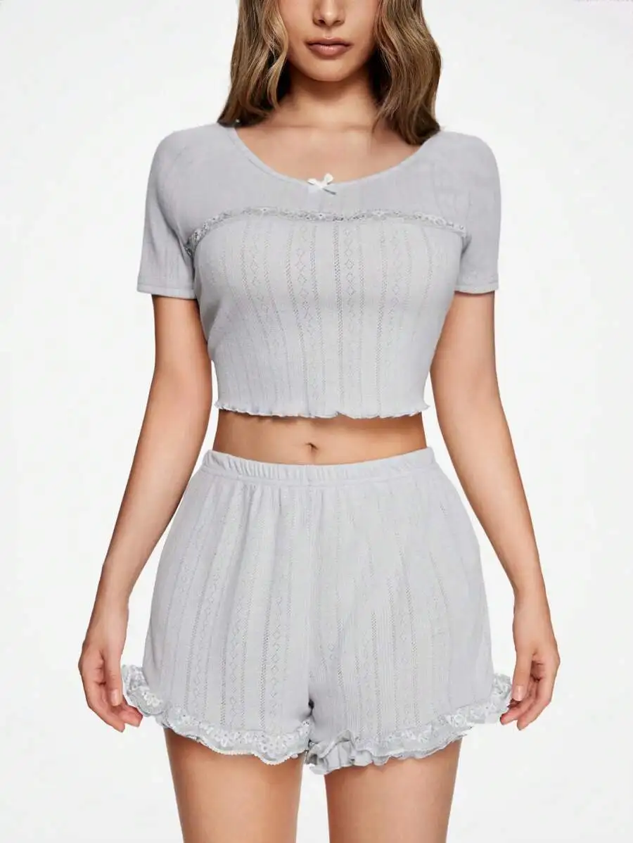 Soft Breathable Knitted Lace Patchwork Bow Women Pajama Set
Soft Breathable Knitted Lace Patchwork Bow Women Pajama Set