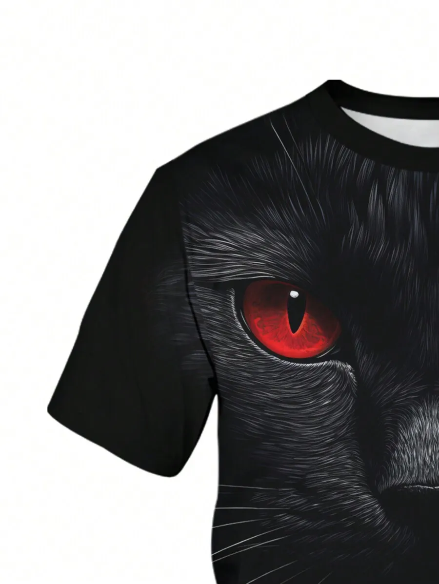 Black Cat Face Graphic Print Mens Crew Neck Short Sleeve Tee With Vivid Red Eye Design
Black Cat Face Graphic Print Mens Crew Neck Short Sleeve Tee With Vivid Red Eye Design