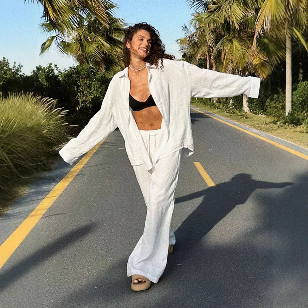 Новинка 2026, хлопковые повседневные комплекты брюк, женские однотонные уютные рубашки с длинными рукавами и лацканами, летняя одежда, брючные костюмы с эластичной резинкой на талии
Новинка 2026, хлопковые повседневные комплекты брюк, женские однотонные уютные рубашки с длинными рукавами и лацканами, летняя одежда, брючные костюмы с эластичной резинкой на талии