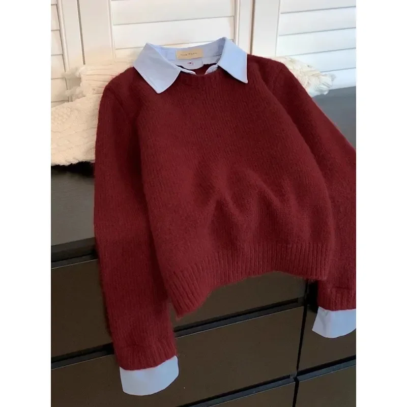 Fake Two shirts Collar Sweater Women's Autumn Outfit Lazy Linterior Contrasting Color Wine Red Knit Sweater Top With Flip Collar
Fake Two shirts Collar Sweater Women's Autumn Outfit Lazy Linterior Contrasting Color Wine Red Knit Sweater Top With Flip Collar