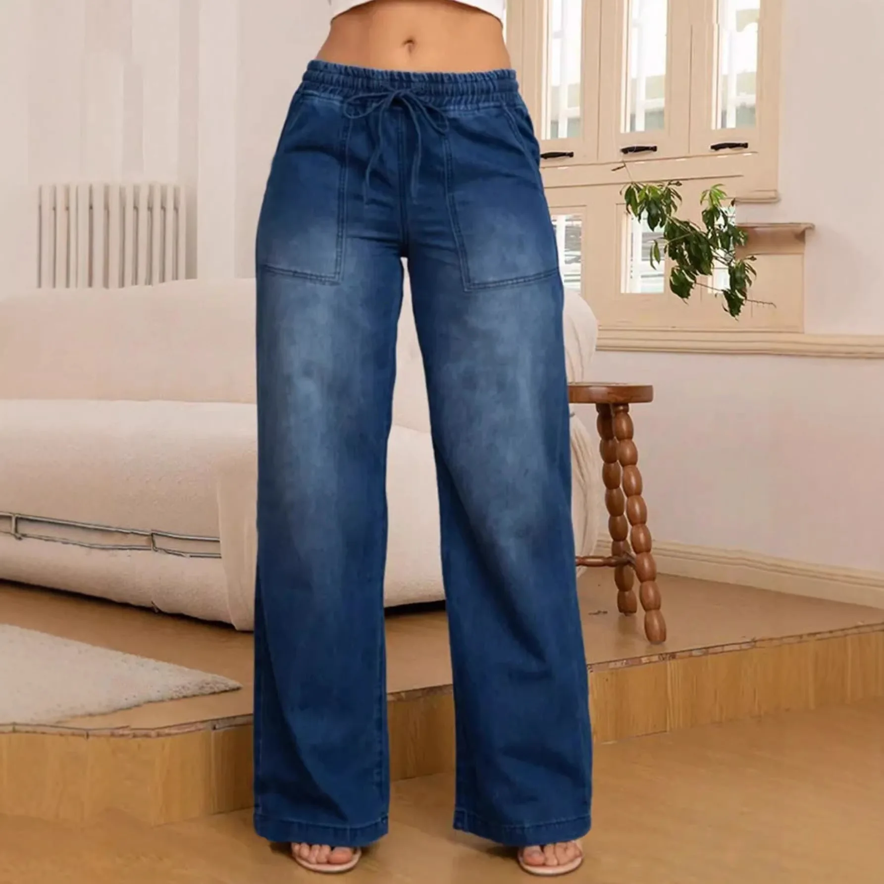 Loose Fit High Elastic Waist Drawstring Wide Leg Jeans Women's Low Rise Denim Pants Spring Fashion Casual Trousers
Loose Fit High Elastic Waist Drawstring Wide Leg Jeans Women's Low Rise Denim Pants Spring Fashion Casual Trousers