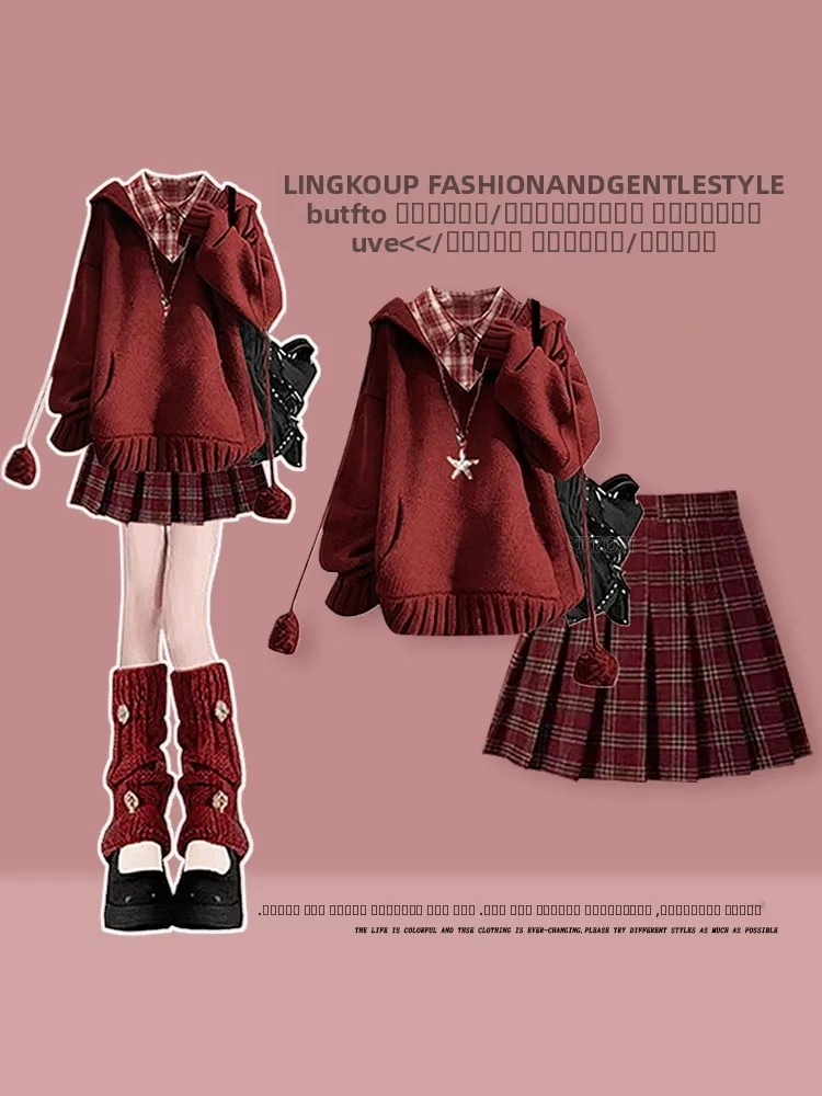Christmas Theme Knitted Sweater And Plaid Skirt Set for Women Anti-Aging Red Base Shirt Three-Piece Ensemble High Waist
Christmas Theme Knitted Sweater And Plaid Skirt Set for Women Anti-Aging Red Base Shirt Three-Piece Ensemble High Waist