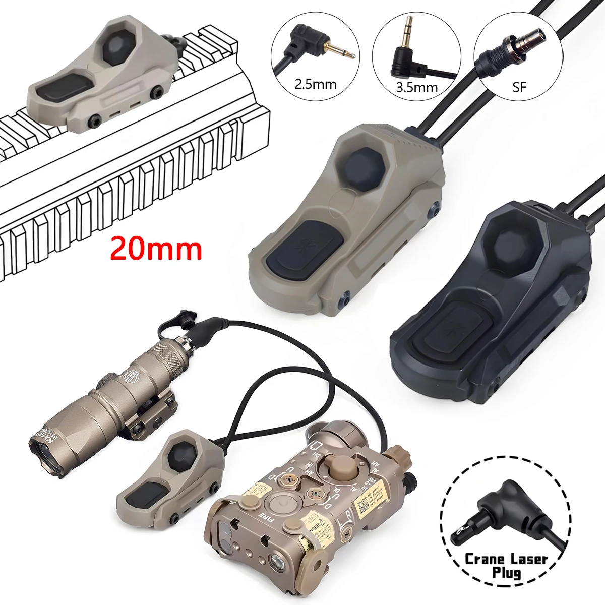 Dual Function Pressure Remote Switch Tail SF/2.5/3.5/CRANE PLUG For 20mm Picatinny Rail Surefire M300 M600 PEQ-15 DBAL-A2
Dual Function Pressure Remote Switch Tail SF/2.5/3.5/CRANE PLUG For 20mm Picatinny Rail Surefire M300 M600 PEQ-15 DBAL-A2