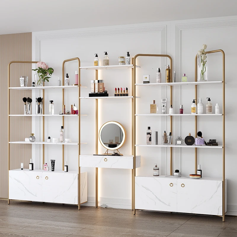 Cosmetics store display cabinet, beauty salon, skin care product shelf with lamp shelf, multi-layer display cabinet with mirror
Cosmetics store display cabinet, beauty salon, skin care product shelf with lamp shelf, multi-layer display cabinet with mirror