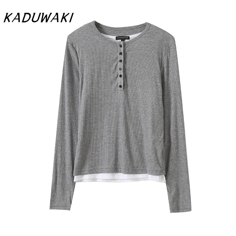 KADUWAKI Elegant Women Fake 2pcs Round Neck Long Sleeve Gray Shirt Women Casual Spring Tees Female Clothing Sueter Mujer Sweater
KADUWAKI Elegant Women Fake 2pcs Round Neck Long Sleeve Gray Shirt Women Casual Spring Tees Female Clothing Sueter Mujer Sweater