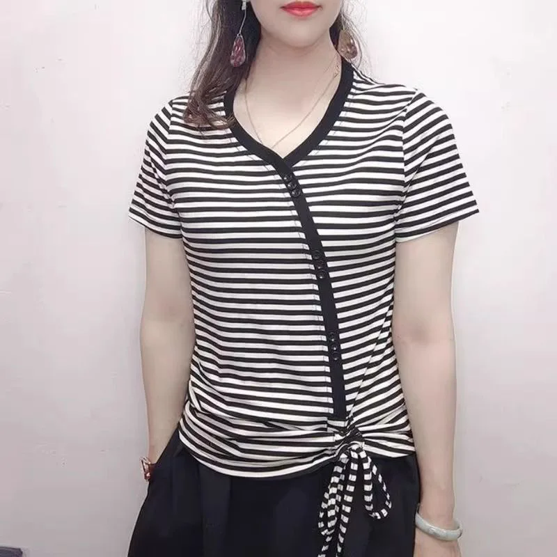 Summer Plus Size Women's New Arrival Contrast Color High-End Drawstring V-Neck Slimming Short Sleeve Striped T-Shirt
Summer Plus Size Women's New Arrival Contrast Color High-End Drawstring V-Neck Slimming Short Sleeve Striped T-Shirt