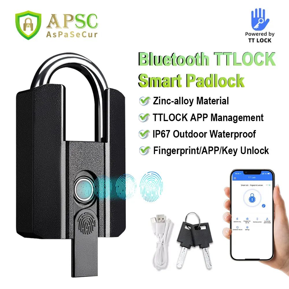 APSC Smart Padlock Fingerprint Lock Bluetooth TTLOCK APP Door Lock Waterproof USB Rechargeable with Key for Aleax Google Home
APSC Smart Padlock Fingerprint Lock Bluetooth TTLOCK APP Door Lock Waterproof USB Rechargeable with Key for Aleax Google Home