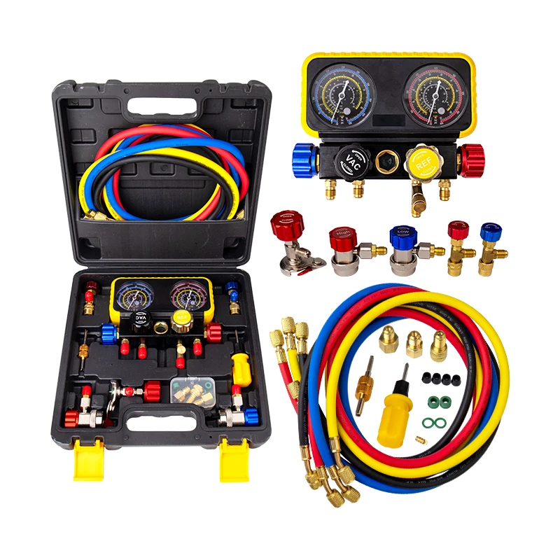 4 Way Manifold Gauge Set Manometer Diagnostic Tool R134a R22 R410a R32 for Auto Air Conditioning Refrigerant Gas 
4 Way Manifold Gauge Set Manometer Diagnostic Tool R134a R22 R410a R32 for Auto Air Conditioning Refrigerant Gas