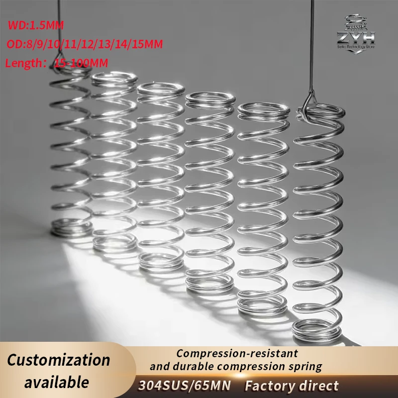 High Precision Compression Springs 65Mn/304SUS Steel, 1.5mm Wire Diameter, 8-15mm OD, 15-100mm Length for Industrial & DIY
High Precision Compression Springs 65Mn/304SUS Steel, 1.5mm Wire Diameter, 8-15mm OD, 15-100mm Length for Industrial & DIY