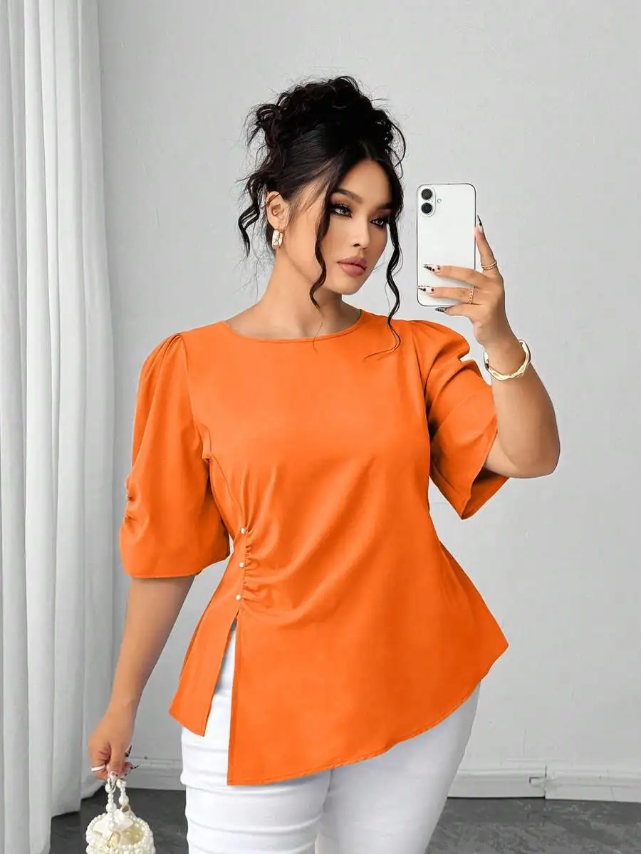 Orange Puff Sleeve Blouse With Ruched Detail Women Casual Top
Orange Puff Sleeve Blouse With Ruched Detail Women Casual Top