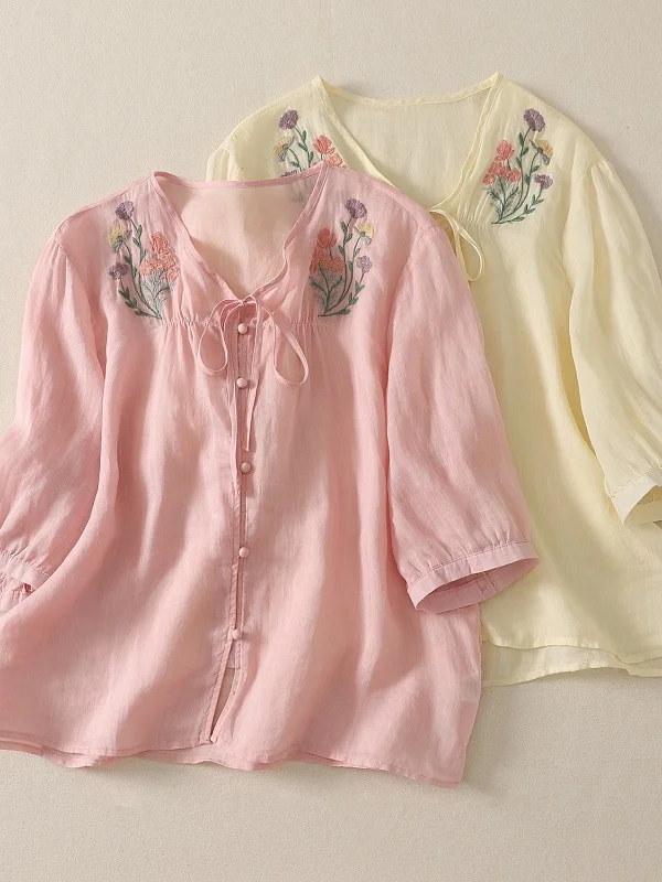 Authentic Artistic Style Women's Shirt Summer V-neck Short Sleeve Embroidered Belted Top Cotton Woven Straight Cut Thin Model
Authentic Artistic Style Women's Shirt Summer V-neck Short Sleeve Embroidered Belted Top Cotton Woven Straight Cut Thin Model
