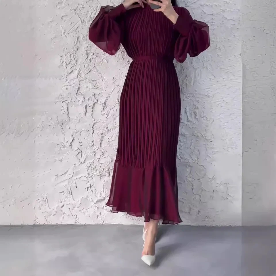 Elegant Long Pleated Dress Women 2025 New Solid Color Round Neck Long Sleeve Maxi Dresses
Elegant Long Pleated Dress Women 2025 New Solid Color Round Neck Long Sleeve Maxi Dresses