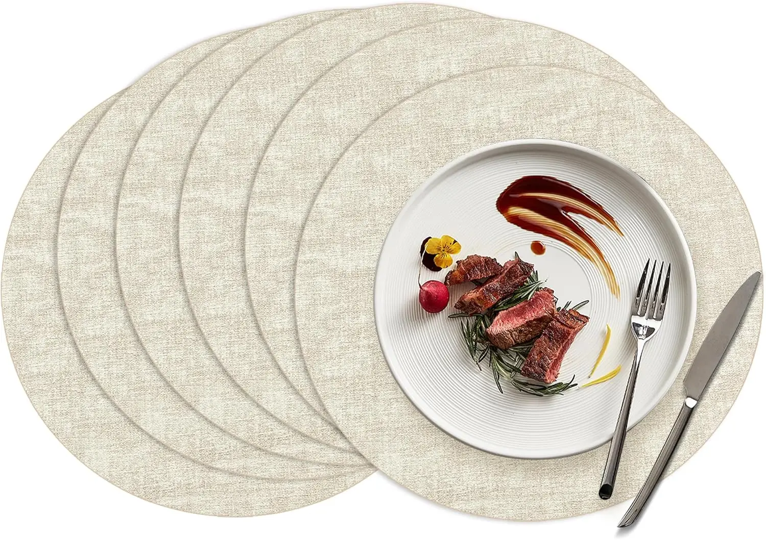 Round Placemats Set of 6, 15 Inch Faux Leather, Washable, Non Slip, Heat Resistant, Beige
Round Placemats Set of 6, 15 Inch Faux Leather, Washable, Non Slip, Heat Resistant, Beige