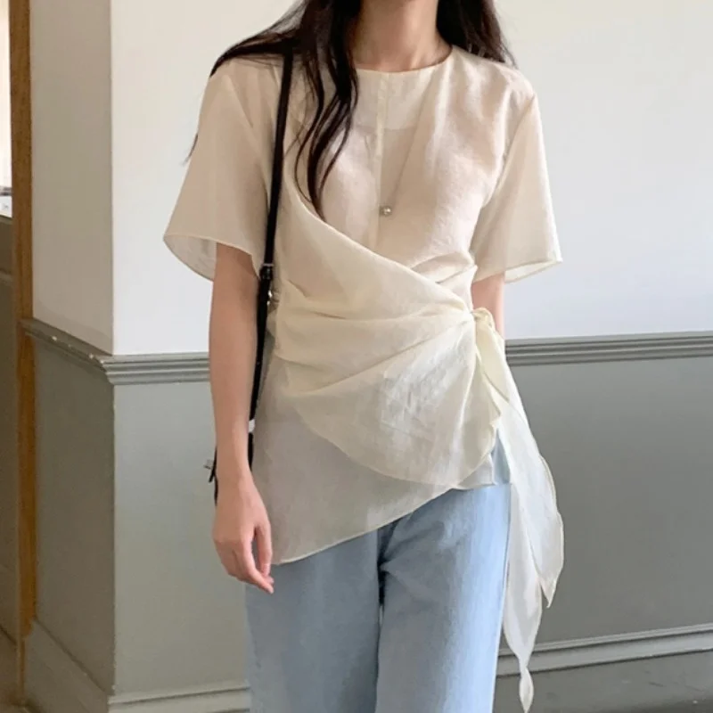 Chic Summer Translucent Loose Style Asymmetric Wrap Waist Short Sleeve Shirt Women's Top Breathable Comfortable Polyester Fiber
Chic Summer Translucent Loose Style Asymmetric Wrap Waist Short Sleeve Shirt Women's Top Breathable Comfortable Polyester Fiber