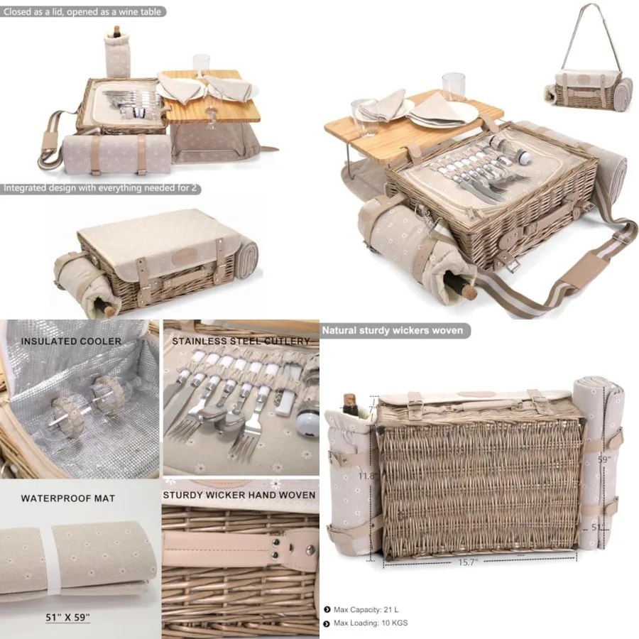 Multifunctional Wicker Picnic Basket Set for 2 with Blanket and Picnic Table, Insulated Picnic Set with Full Tablewares for Cam
Multifunctional Wicker Picnic Basket Set for 2 with Blanket and Picnic Table, Insulated Picnic Set with Full Tablewares for Cam