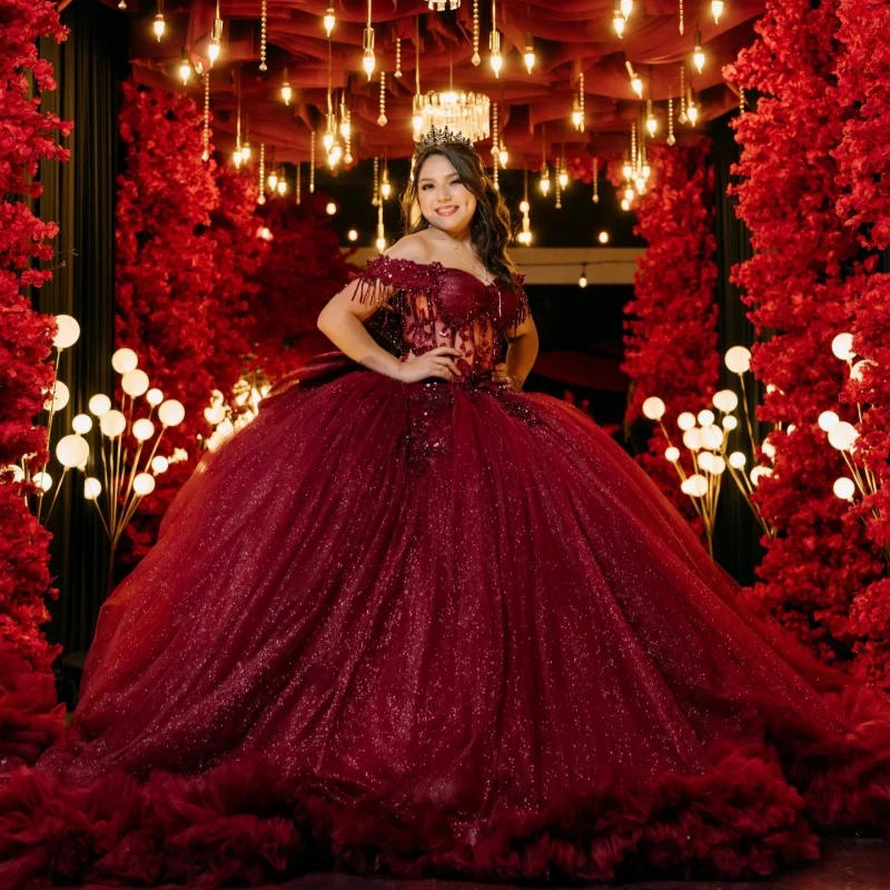 Shiny Burgundy Quinceanera Dress off-shoulder Glitter Decal Lace Frill Long tail Bow vestidos de 15 Quinceanera Customize
Shiny Burgundy Quinceanera Dress off-shoulder Glitter Decal Lace Frill Long tail Bow vestidos de 15 Quinceanera Customize